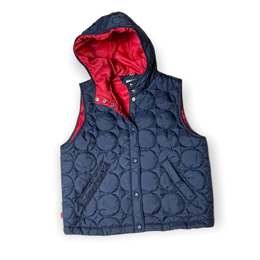 Vintage Tommy Hilfiger Light Weight Hooded Puffer Vest Navy Red Circle Pattern - Picture 2 of 14